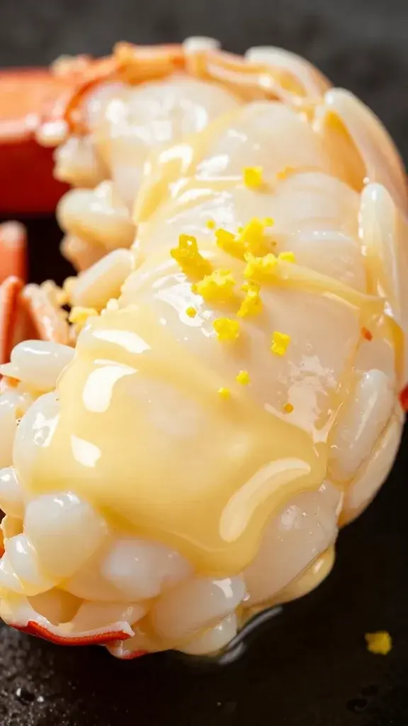macro shot of glossy butter glaze on lobster meat, single roll half-exposed, lemon zest speckle