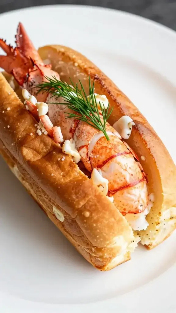 Closeup of a single cold lobster roll with dill garnish on a white plate