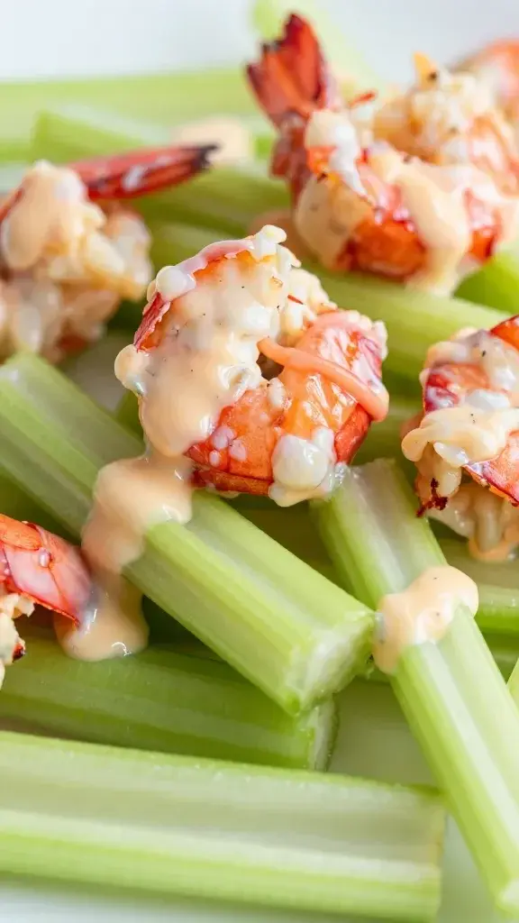 Closeup of chopped celery spears next to glossy lobster salad in a light mayo sheen