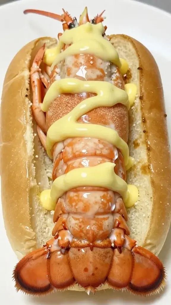 Close-up of a single Maine lobster tail on a buttered bun, lemon mayo glaze glistening
