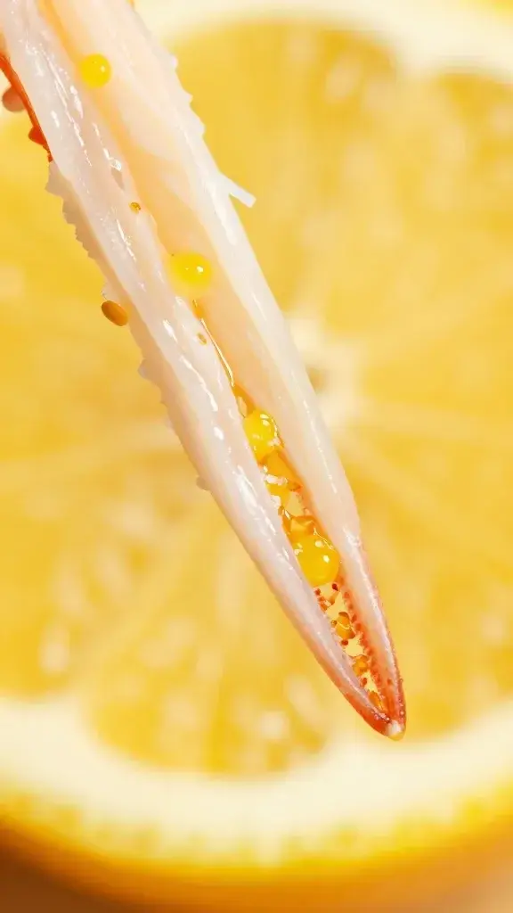 Extreme close-up of one lobster claw meat strand, bright citrus zest background