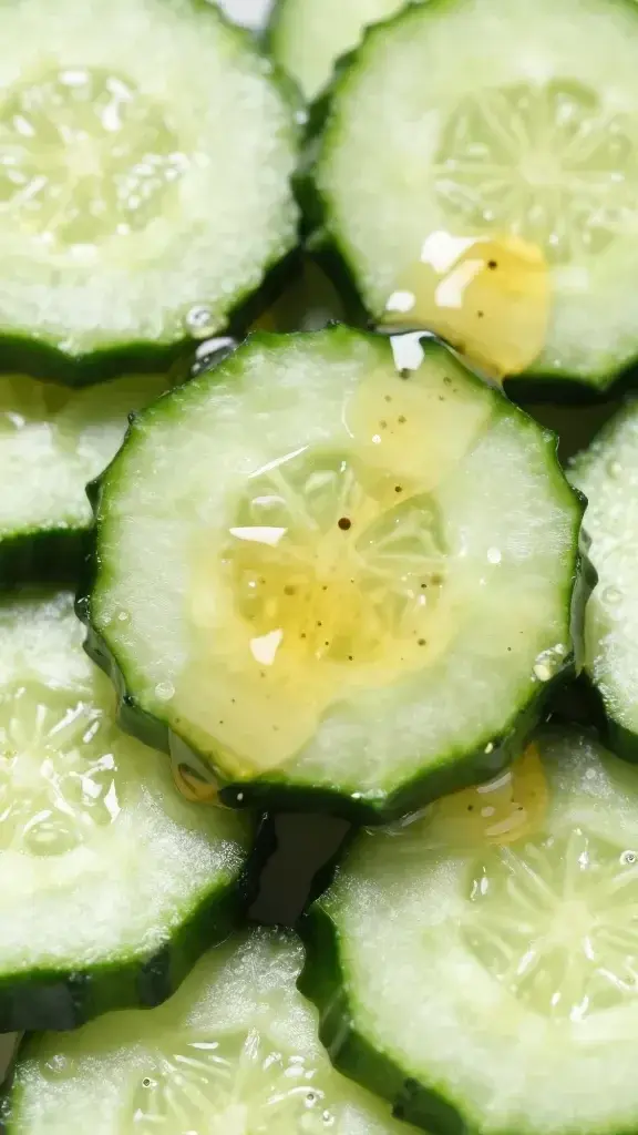 closeup of sliced cucumber rounds bathed in vinegary dressing
