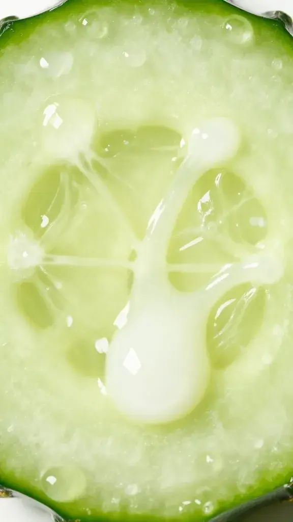closeup of crisp cucumber slice with droplets, bright salad dressing drizzle