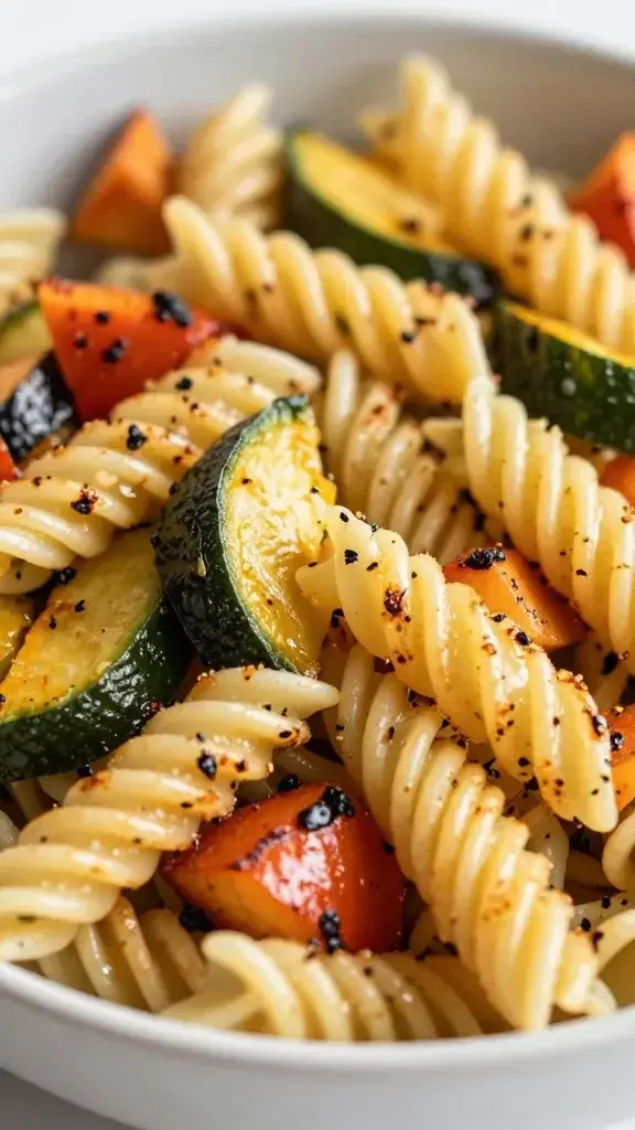 closeup of roasted vegetable pasta salad bowl, vibrant colors, crisp edges, shallow depth of field
