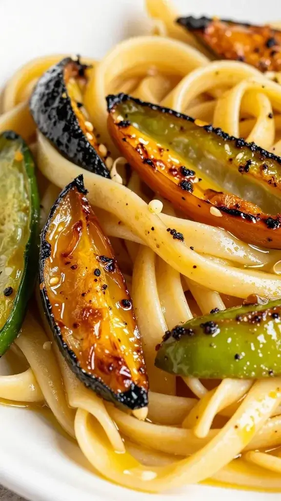closeup of caramelized-edged roasted veggies on pasta, glossy olive oil sheen, bright lighting