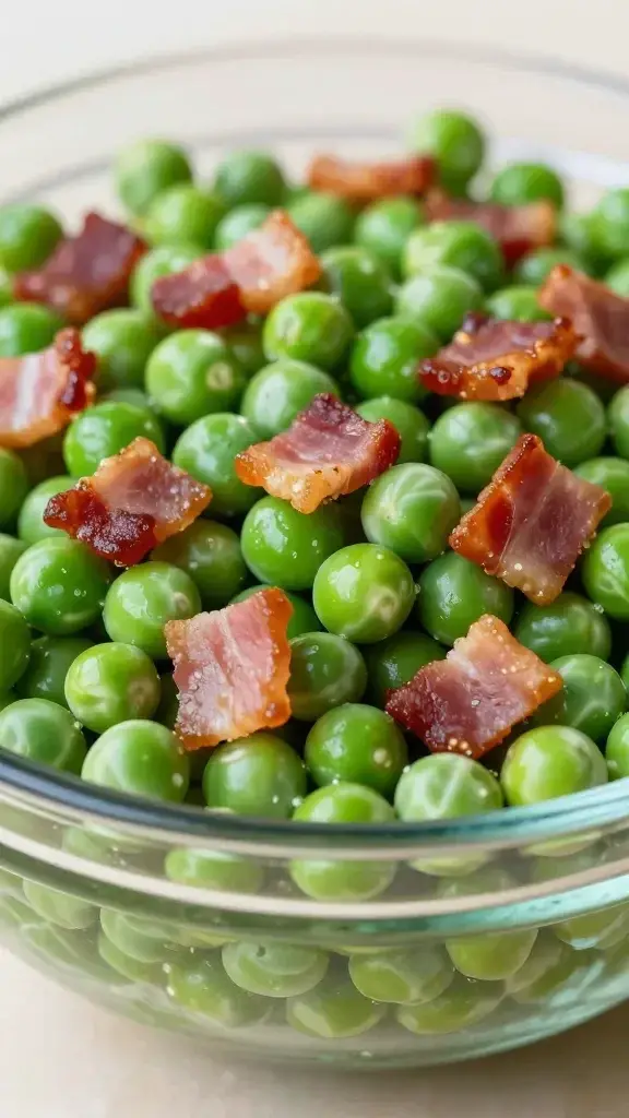closeup of Bacon Ranch Pea Salad in glass bowl, crisp bacon bits on peas