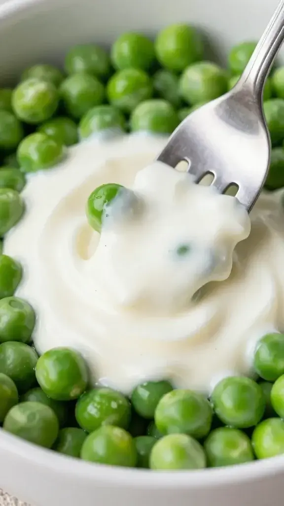 closeup of creamy ranch dressing drizzle over bright green peas, single fork beside bowl