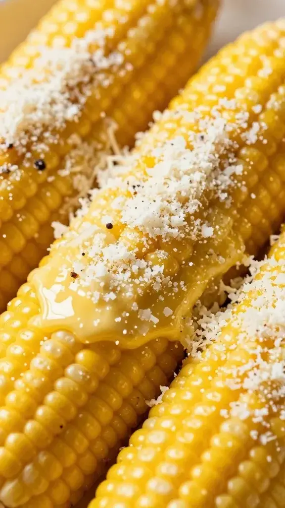 closeup of garlic parmesan corn on the cob, butter melting, parmesan dusting