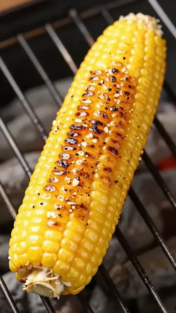 closeup shot of a single grilled corn cob with garlic butter glaze on grill grate