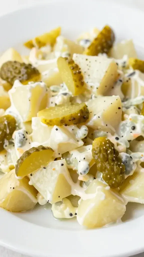 closeup of potato salad with crunchy pickles on white plate