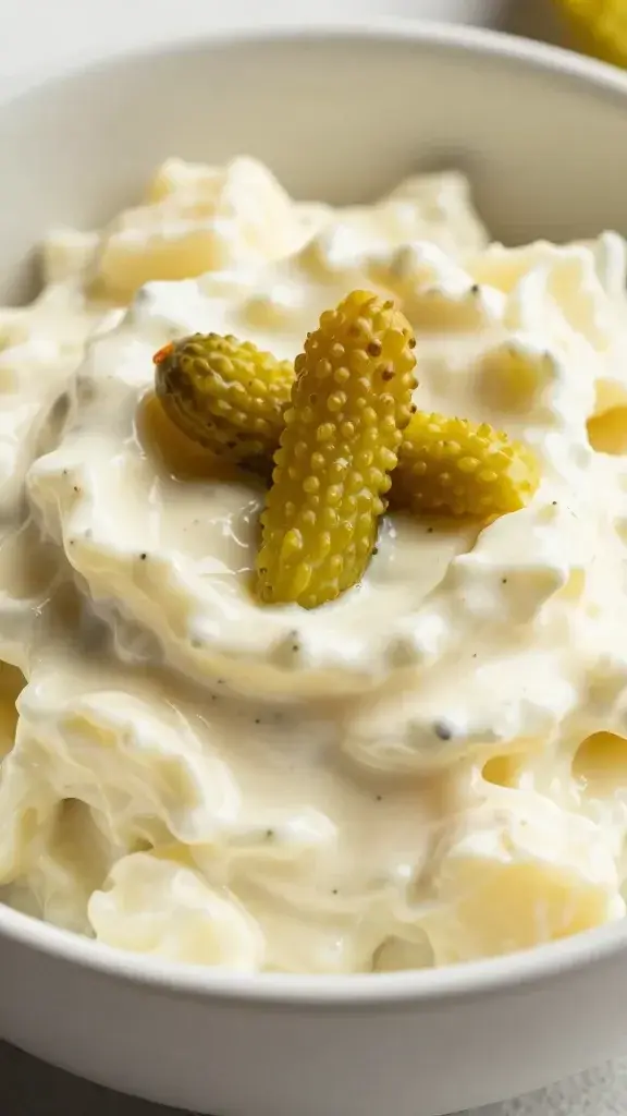 single bowl of creamy potato salad with pickle spears closeup