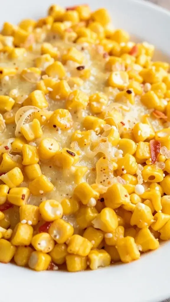 closeup of cheesy corn casserole crusted top on a white plate