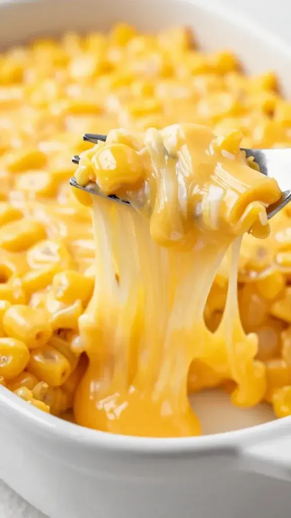 macro shot of melted cheddar pull from corn casserole rimmed dish