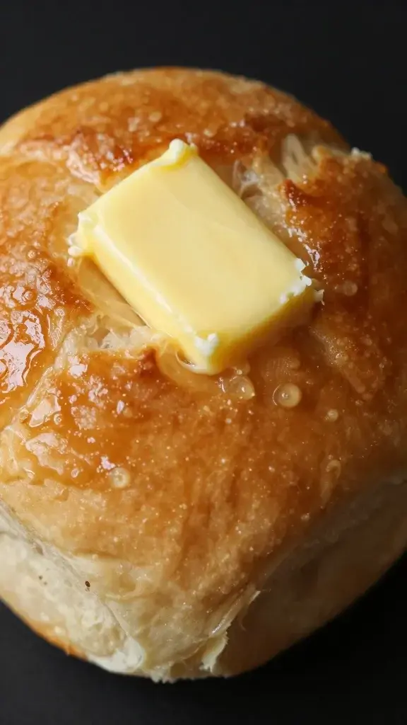 Closeup of a single buttered dinner roll, glossy butter sheen