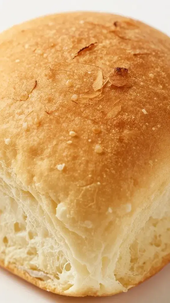 Closeup of a single pillowy buttered dinner roll with crisp crust texture