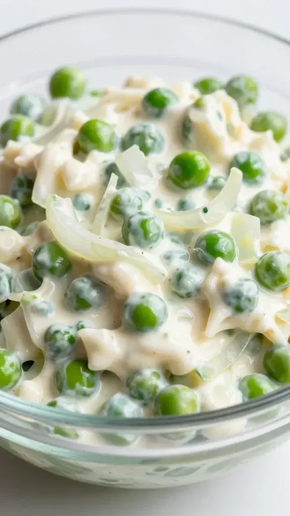 Closeup of creamy pea salad in glass bowl with crisp onions, bright green peas