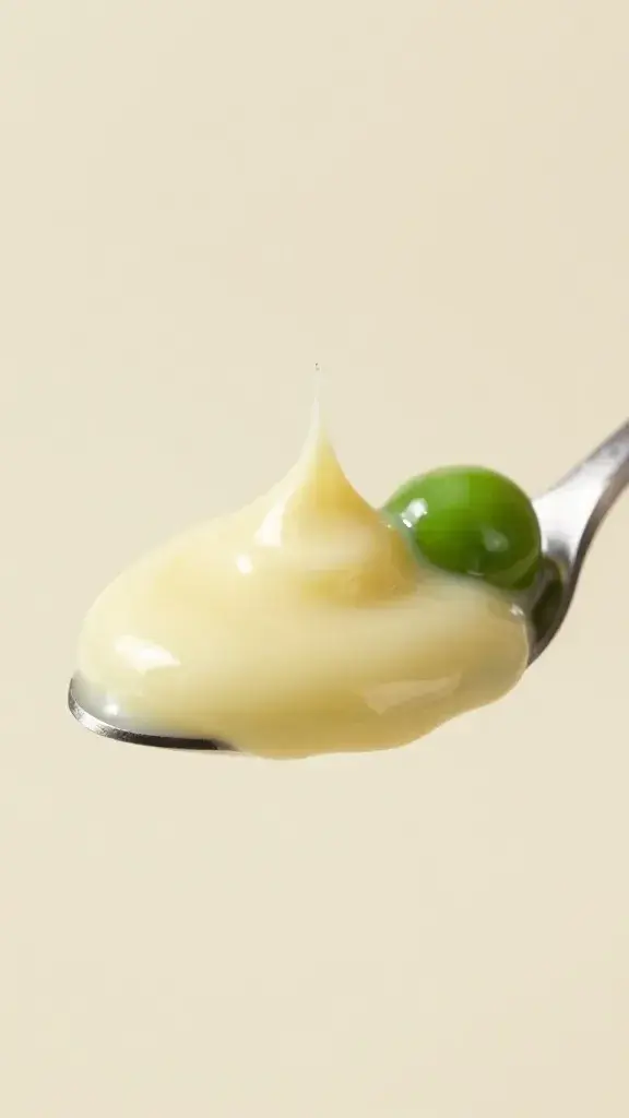 Ultra-close macro of glossy pea salad dressing swirls on spoon, pale background
