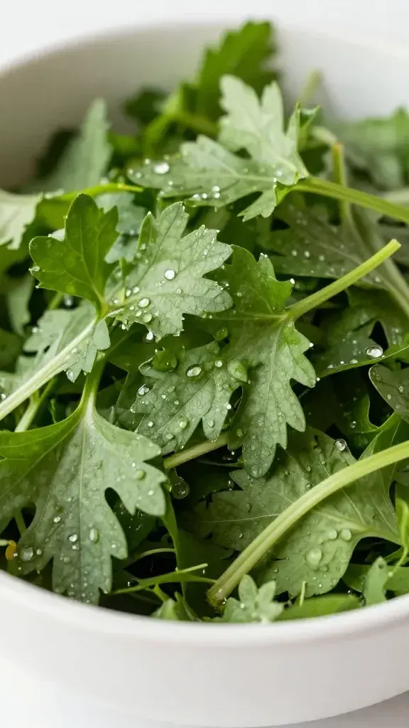 closeup of lemon herb salad greens bowl highlight