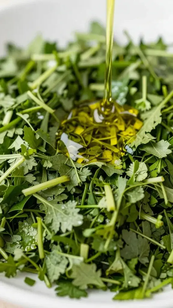 closeup of minced fresh herbs drizzle olive oil over greens