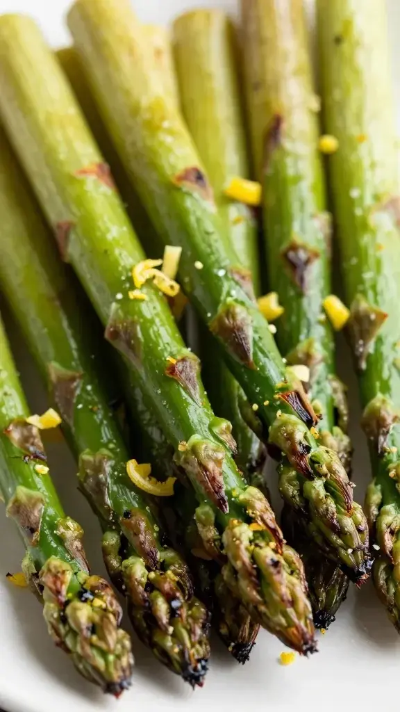 Closeup of grilled asparagus spears with charred tips, lemon zest