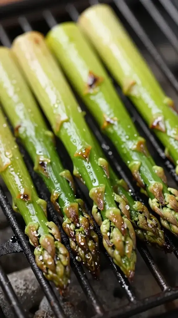 Macro shot of bright green grilled asparagus on grill grate, dewy glaze