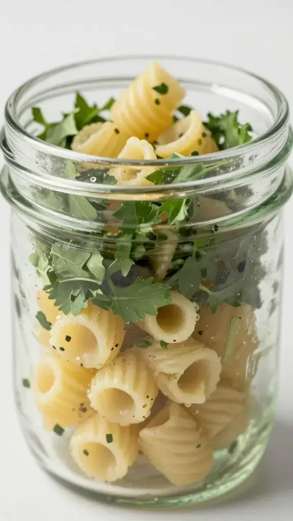 Closeup of a single pasta salad cup in a mini mason jar, vibrant green herbs visible