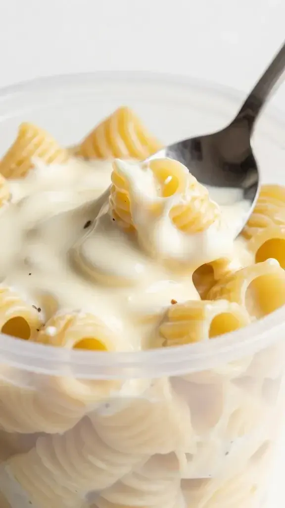 Macro shot of one individual pasta salad cup with creamy dressing, spoon resting beside