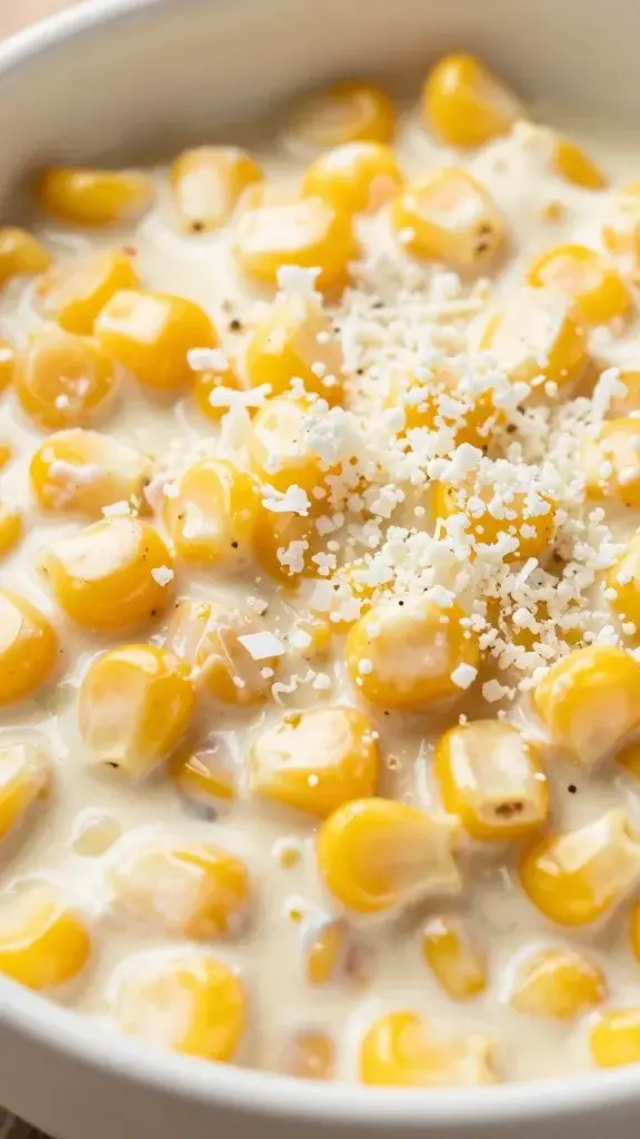 Closeup of creamy corn salad bowl with cotija sprinkle, sharp focus on kernels