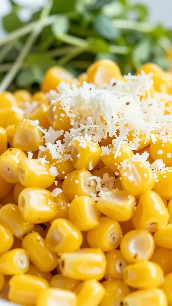 Closeup of grated Cotija on top of glossy corn salad, bright microgreens blur background