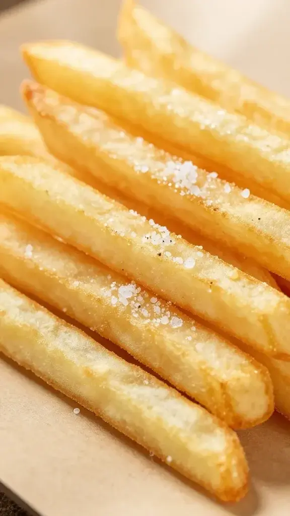 closeup of golden fries on parchment, finely salted