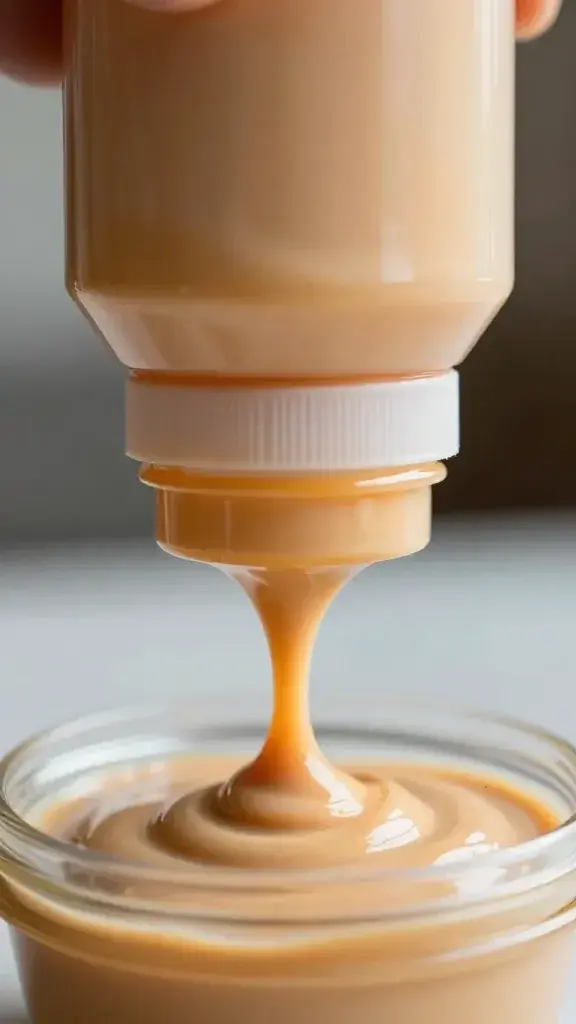 closeup of dunking sauce bottle with glossy dip in foreground