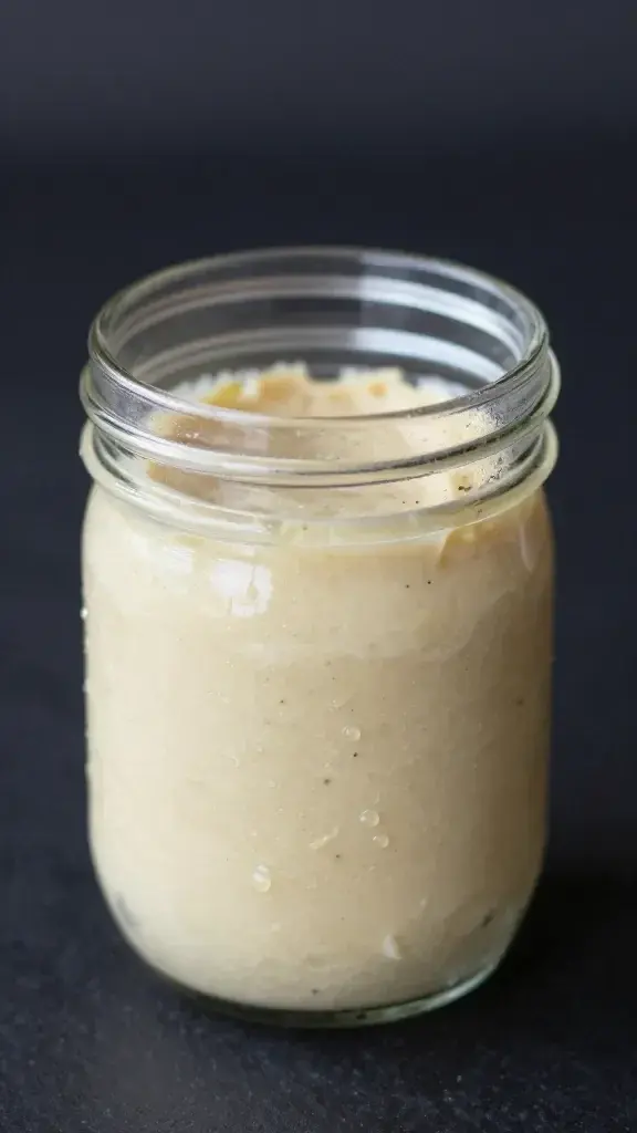 Closeup of a single mini mason jar veggie cup with hummus base