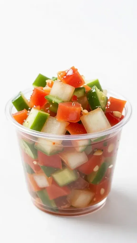 Closeup of a single transparent shot cup topped with diced veggies and salsa mix