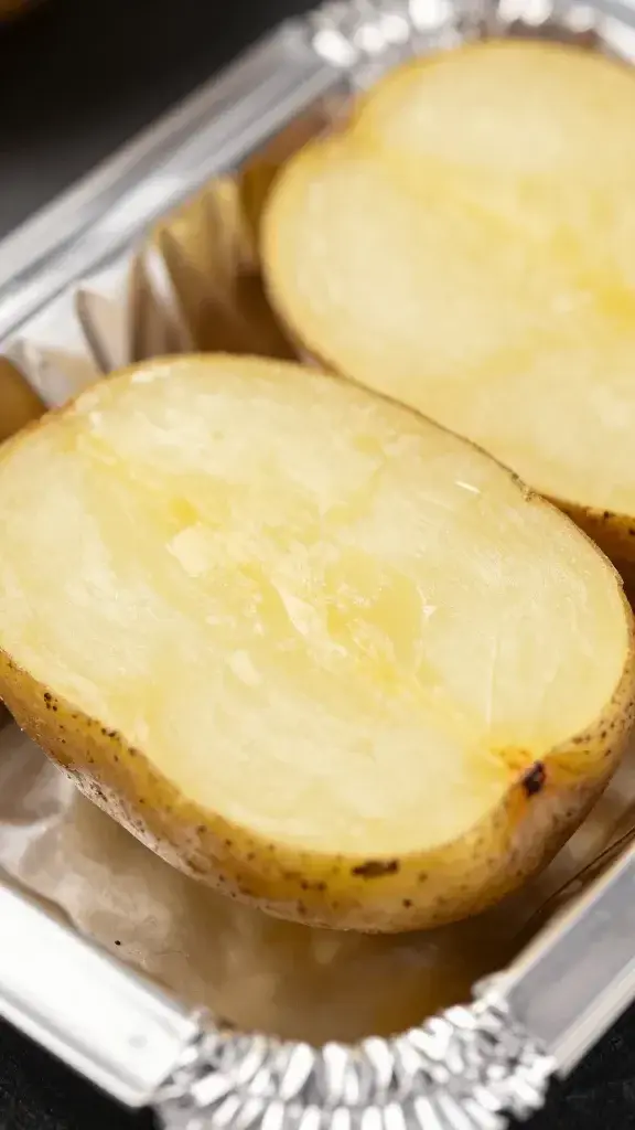 closeup of a foil packet potato half-sliced edge crisping