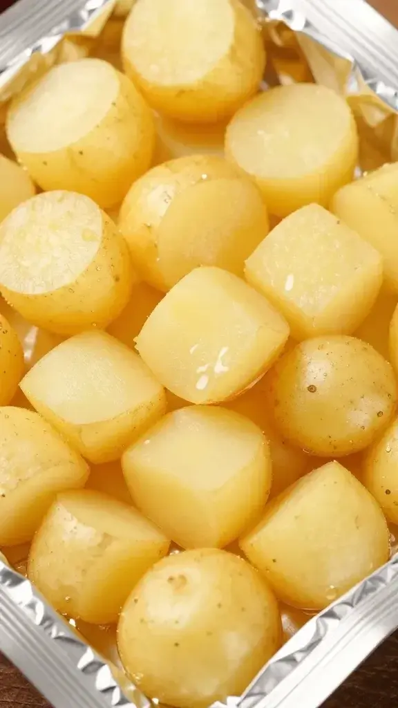 closeup of golden Yukon Gold potato cubes in foil packet with glow