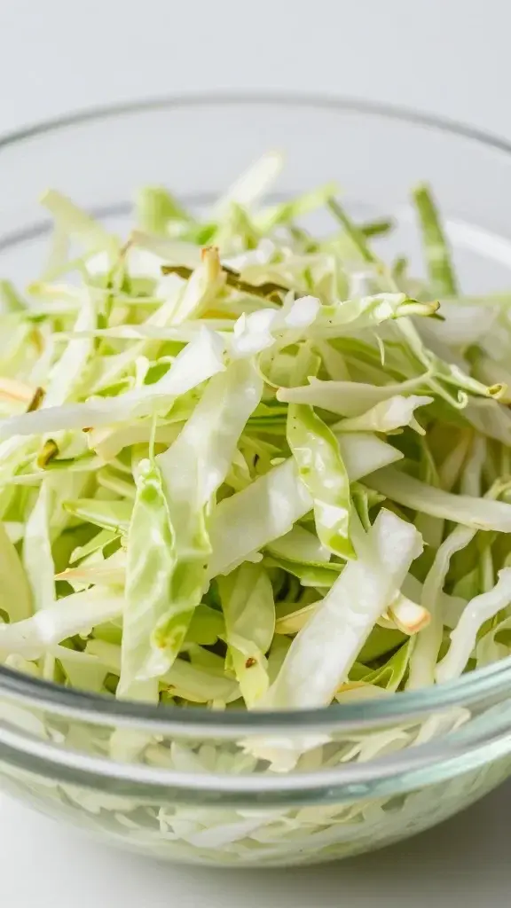 closeup dill pickle slaw in glass bowl, crisp cabbage