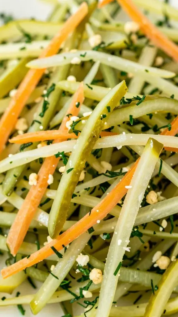 macro shot: shredded dill pickle slaw, vibrant colors