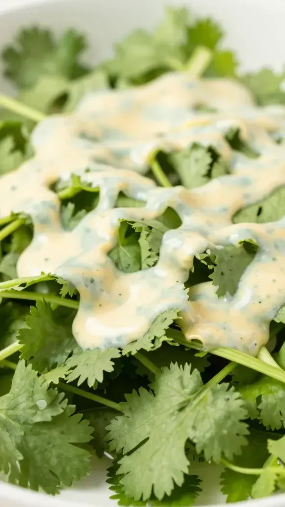 Focused shot of cilantro-tlecked coleslaw dressing drizzle on greens