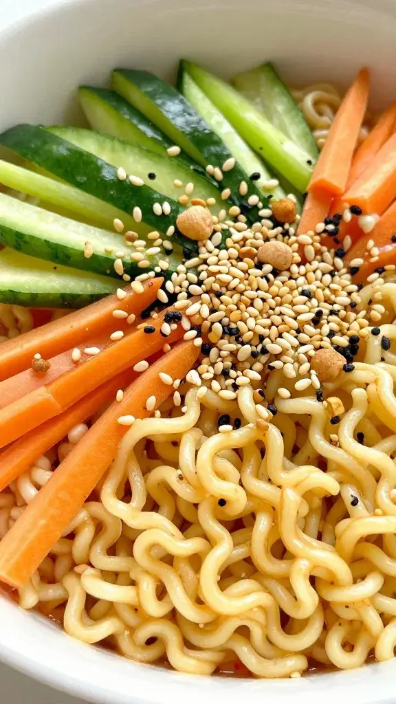 closeup of ramen noodle salad bowl, vibrant veggies, sesame crunch