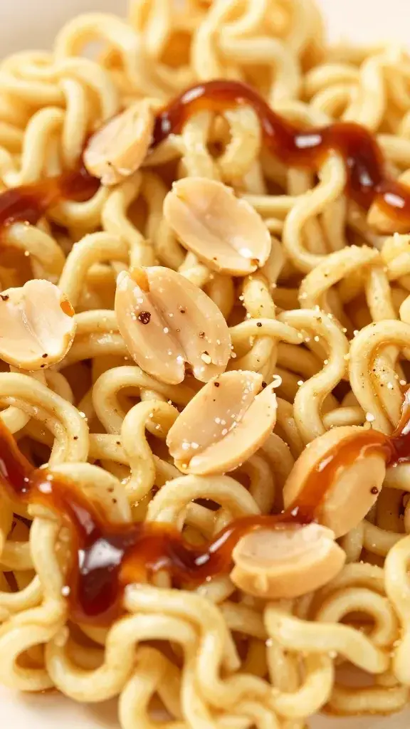 macro shot of crushed ramen topping, peanuts, tangy dressing drizzle