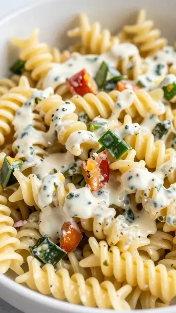 closeup of ranch-style pasta salad bowl with al dente fusilli, creamy dressing, and crunchy veggies