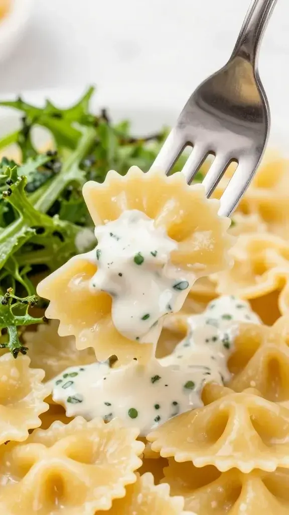 closeup of a single fork twirling farfalle pasta with ranch dressing drizzle, crisp greens nearby