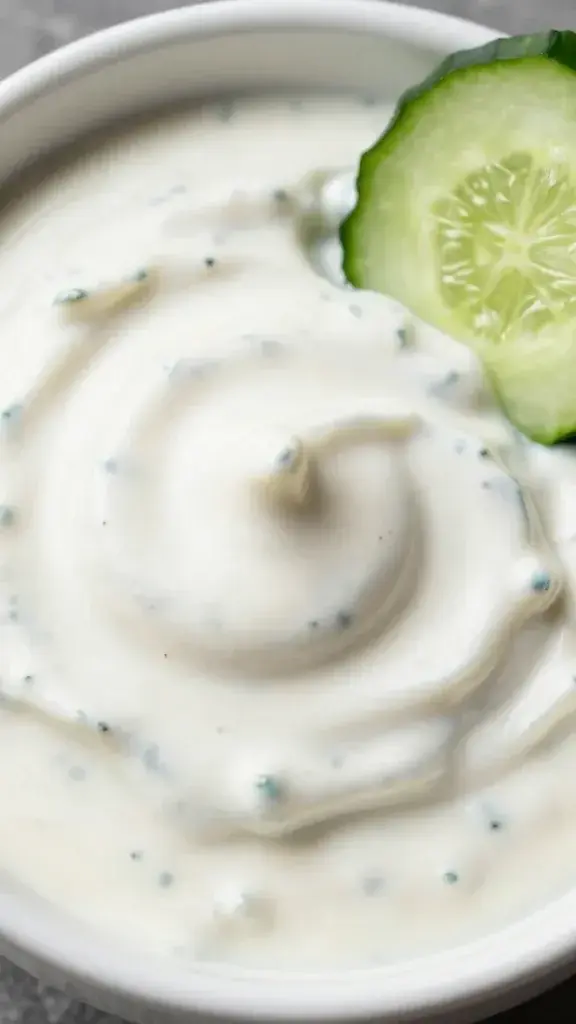 Closeup of one bowl of tangy ranch dip with cucumber slice