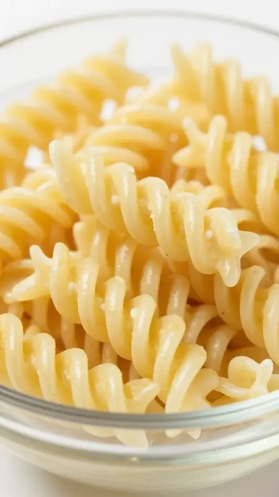 closeup of a single rotini pasta helixed with dressing in glass bowl