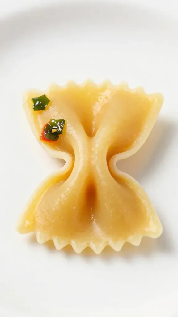 closeup of a single farfalle pasta with vibrant veggie mix on white plate