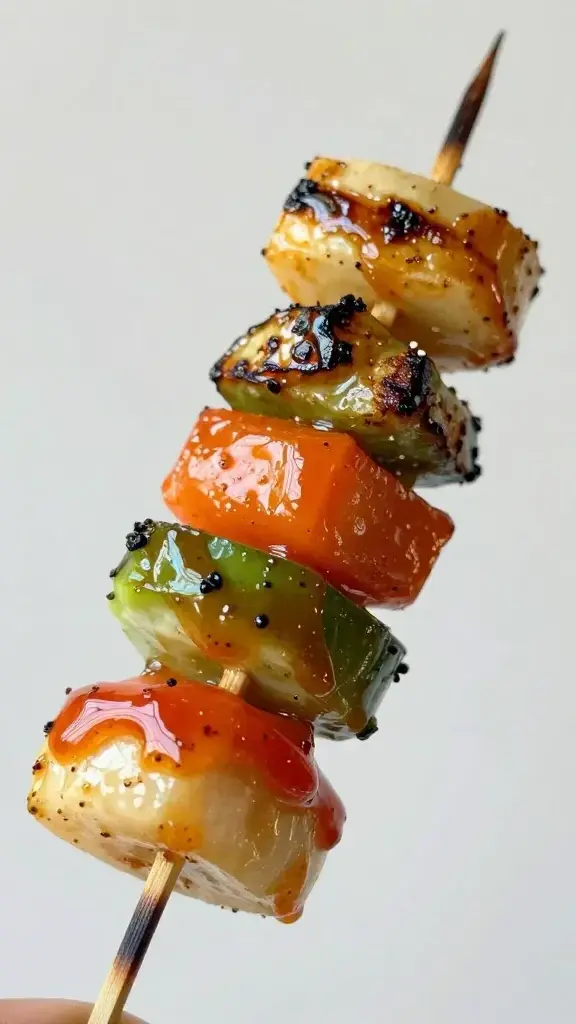 Closeup grilled veggie skewer glazed with zingy sauce