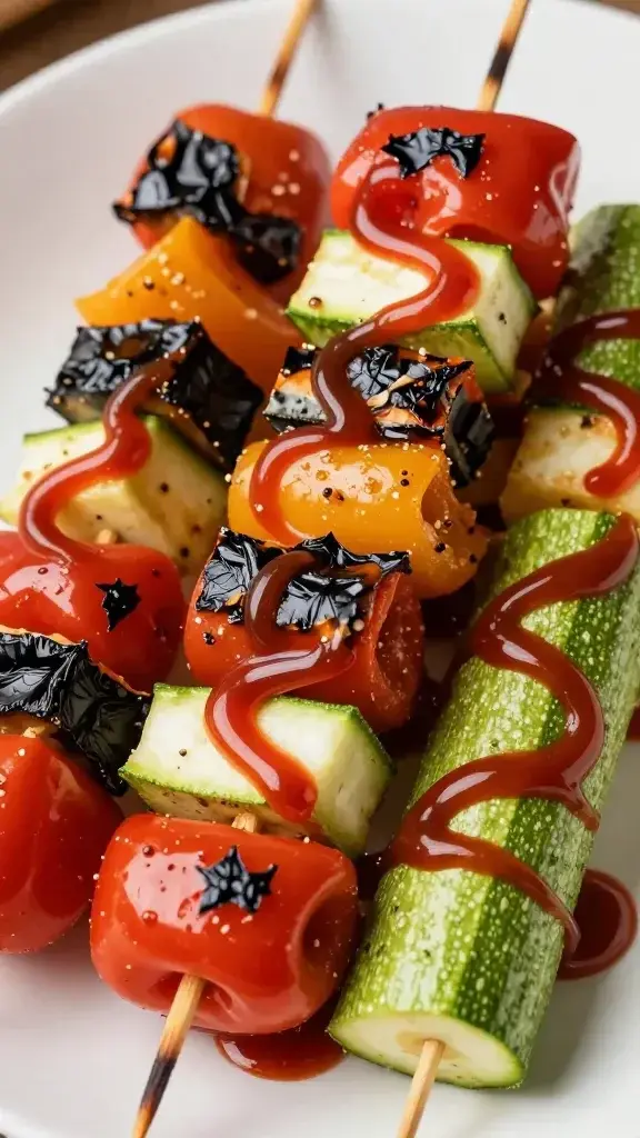 High-detail shot of charred peppers and zucchini skewer swirl sauce