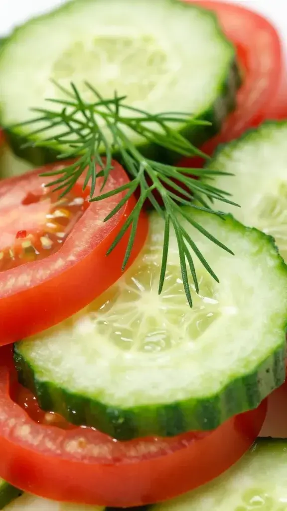 closeup of cucumber tomato salad slice with fresh dill garnish