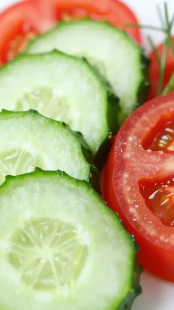 closeup of crisp cucumber slices with bright tomato wedges, herb sprig