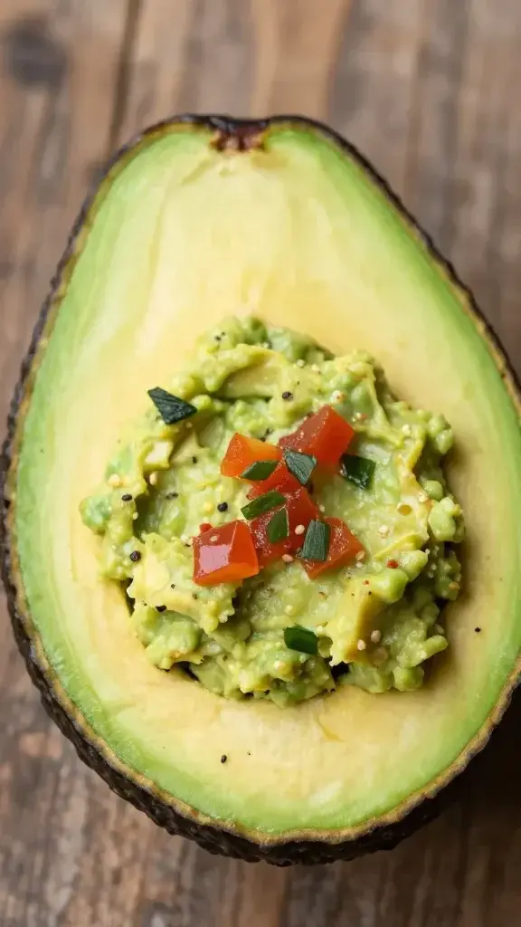closeup of a single ripe avocado half with creamy guacamole texture, salsa specks, and rustic wooden background